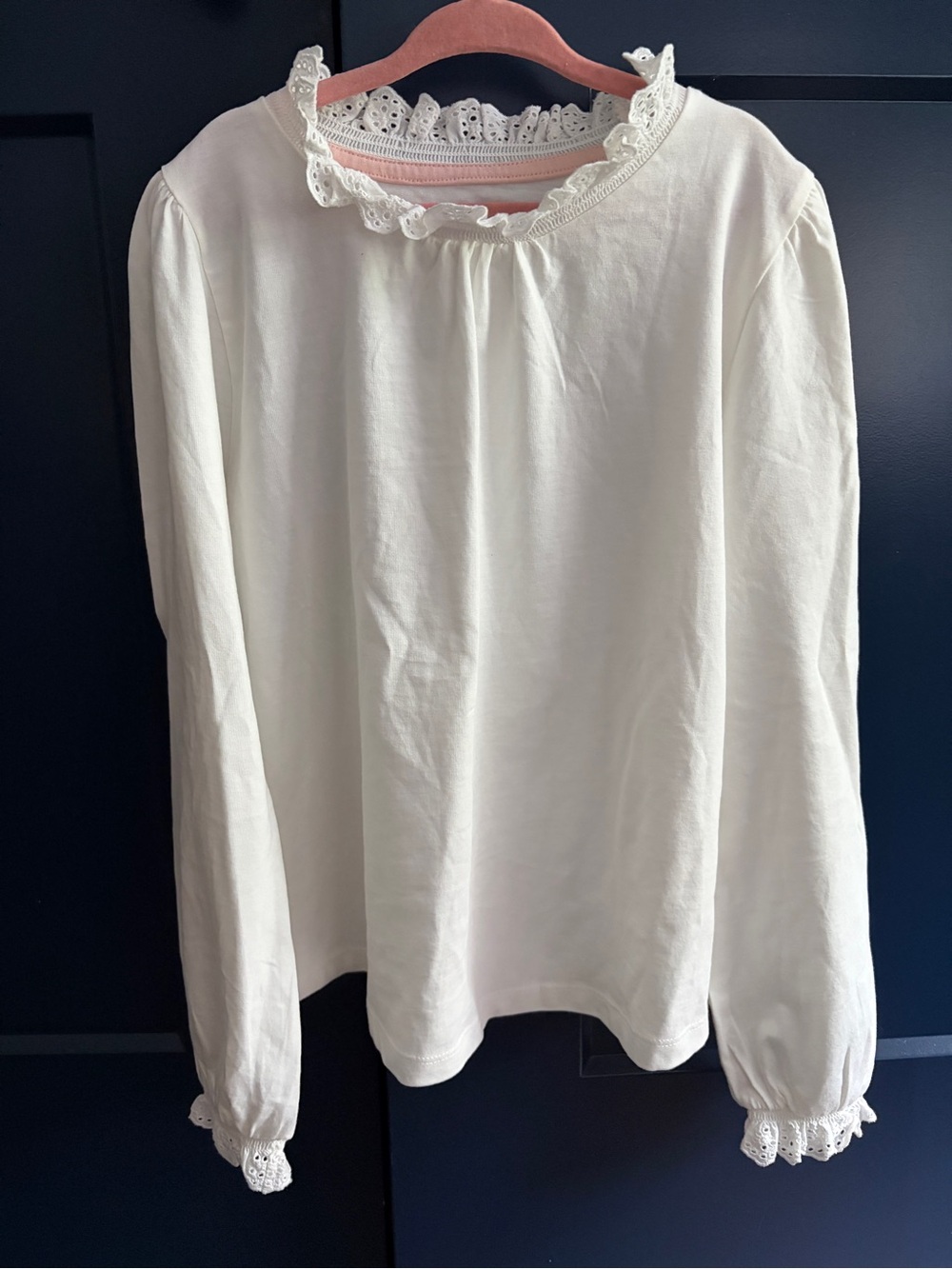 Mini Boden Pale Cream Long Sleeve Top with Lace Trim
